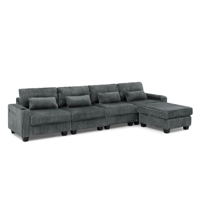 Smart Corduroy Modular Sectional Sofa with Detachable Footrest, Modern L-Shaped Couch for Living Room, 124.5'' L x 31.5"W x 30" H, Dark Gray
