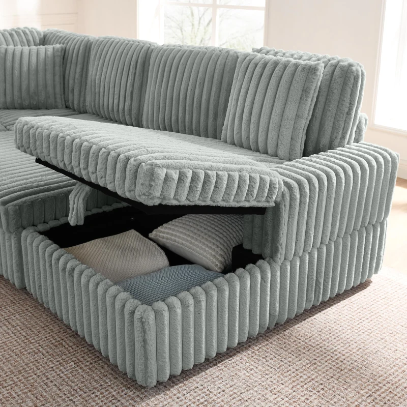Modern Striped Corduroy U-Shaped Sofa with Pull-Out Bed, Versatile Storage Chaise Couch for Living Room Bedroom, 114'' L x 90"W x 37" H, Grey