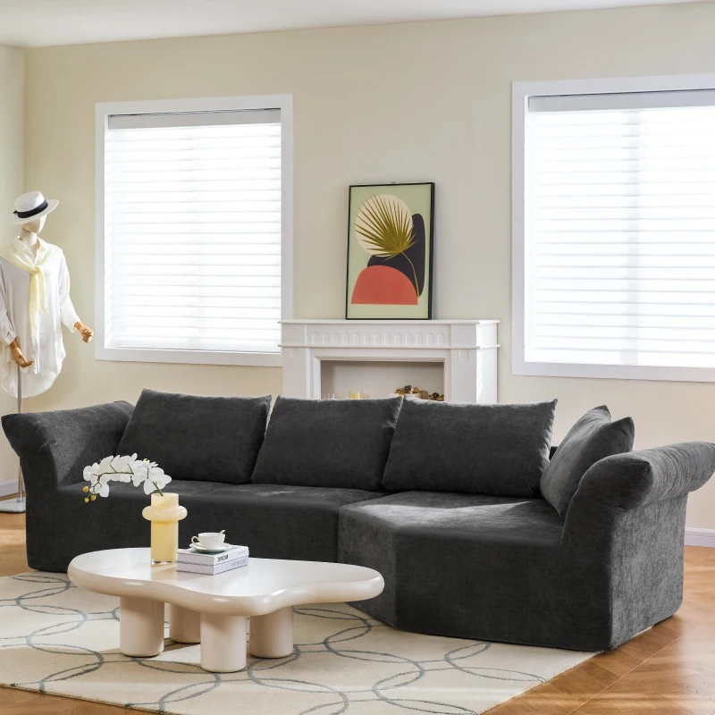 Modern Right-Arm Modular Sectional with Wide Armrests, Elegant Curved Corner Sofa with Throw Pillows, 127'' L x 57" W x 26" H, Dark Gray