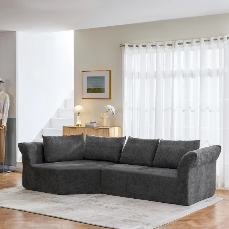 Modern Modular Sectional with Left Arm and Wide Armrests, Elegant Curved Corner Sofa with Throw Pillows, 127'' L x 57" W x 26" H, Dark Gray