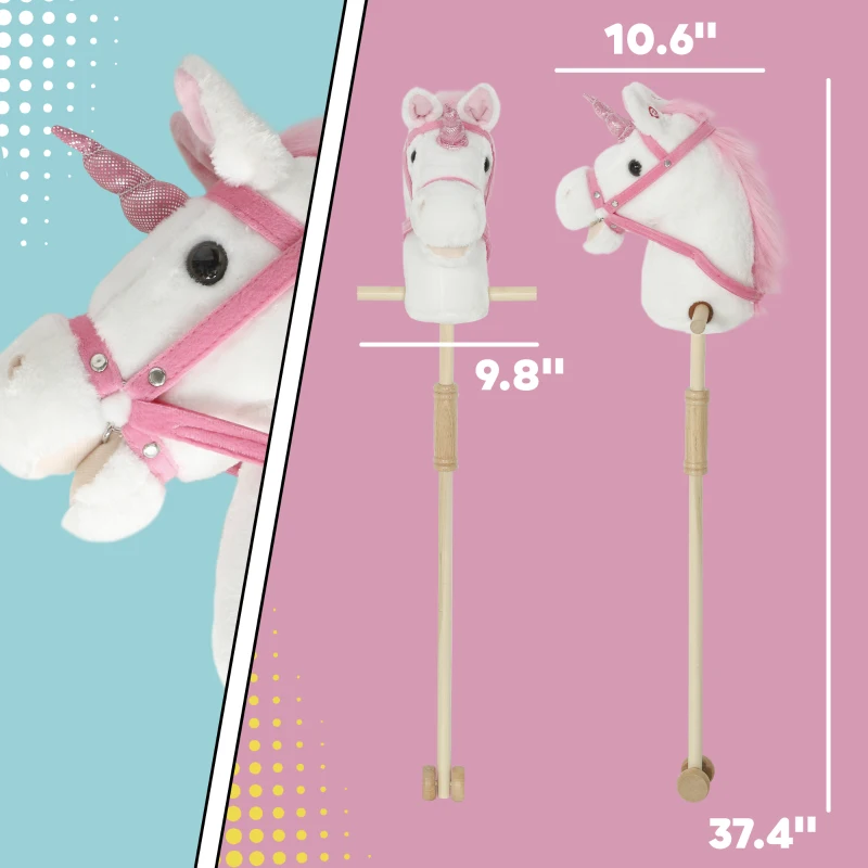 Qaba Stick Horse, Plush Handcrafted Hobby Horse with Wood Wheels, Real Pony Neighing and Galloping Sounds for Kids, White