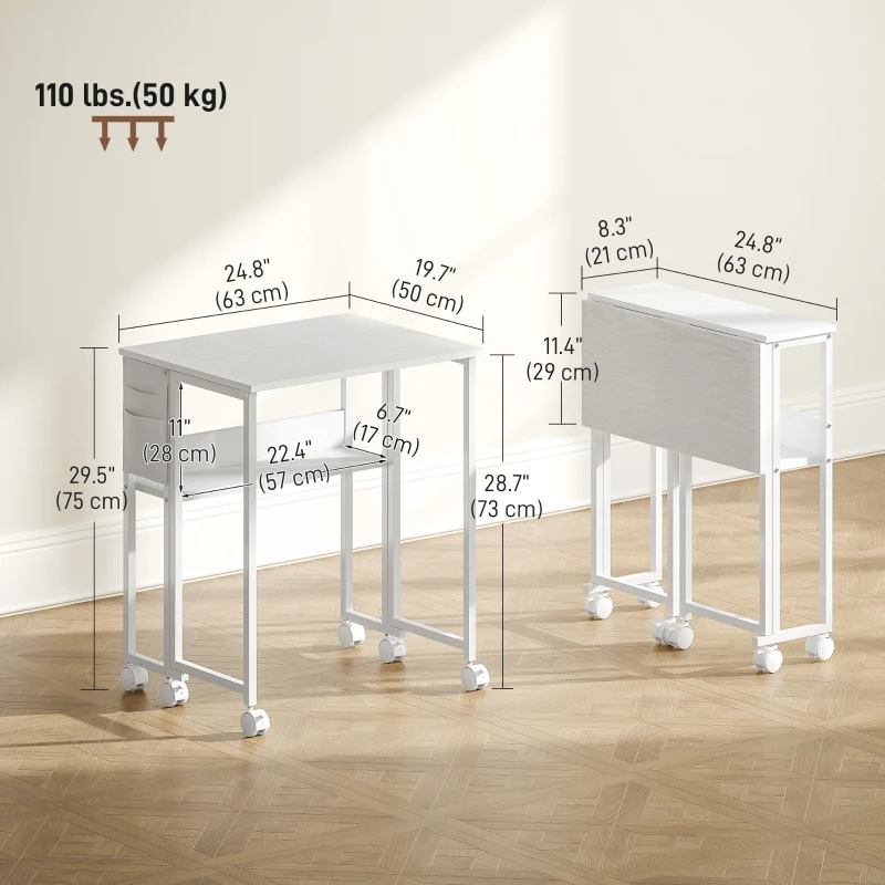 HOMCOM Folding Computer Desk, Foldable Desk with Storage Bag, Shelf and Wheels for Small Spaces, Home Office, White