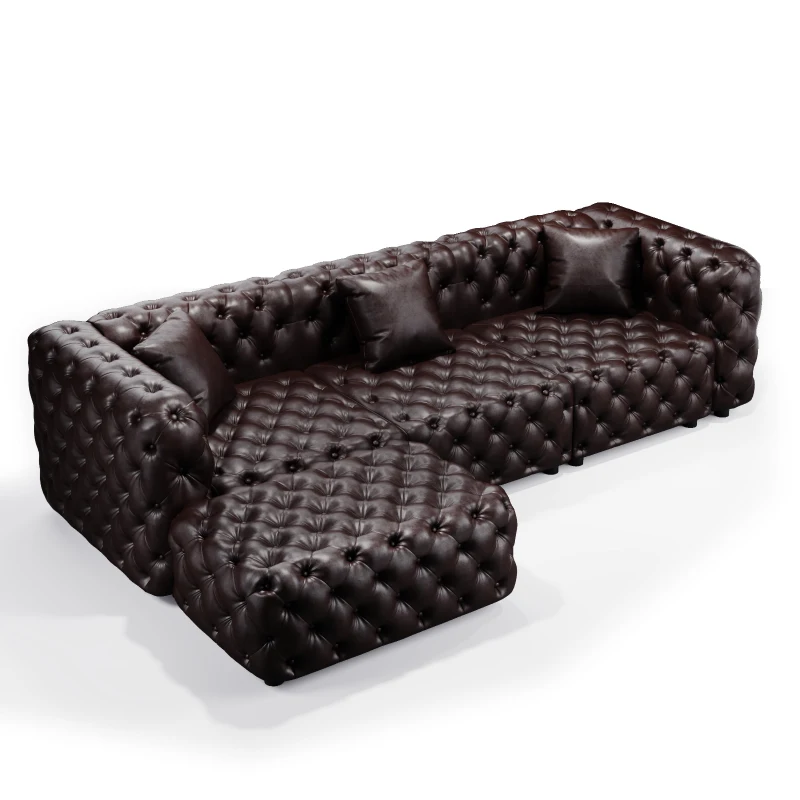 Modern Faux Leather Sectional Sofa Set with Button Tufting, Modular 3-Seater Couch for Living Room, 105.5'' L x 36.5"W x 29" H, Dark Brown