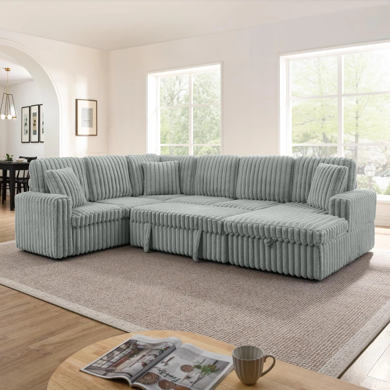 Modern Striped Corduroy U-Shaped Sofa with Pull-Out Bed, Versatile Storage Chaise Couch for Living Room Bedroom, 114'' L x 90"W x 37" H, Grey