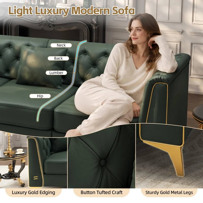 Elegant Modular Chesterfield Sofa with Button Tufting, Versatile Faux Leather Couch with 5 Pillows, 81.5'' L x 30.5" W x 30.5" H, Green