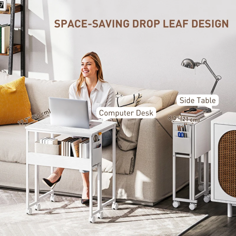 HOMCOM Folding Computer Desk, Foldable Desk with Storage Bag, Shelf and Wheels for Small Spaces, Home Office, White