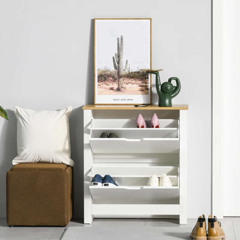 HOMCOM Slim Shoe Storage Cabinet, Shoe Cabinet with 2 Flip Drawers and Adjustable Dividers, Natural & White