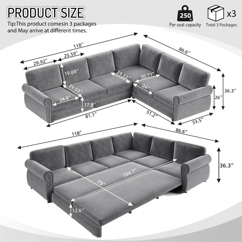 Elegant L-Shaped Sectional with Pull-Out Bed, Chic Chenille Sleeper Couch with Nailhead Trim, 118'' L x 86.5" W x 36.5" H, Light Grey