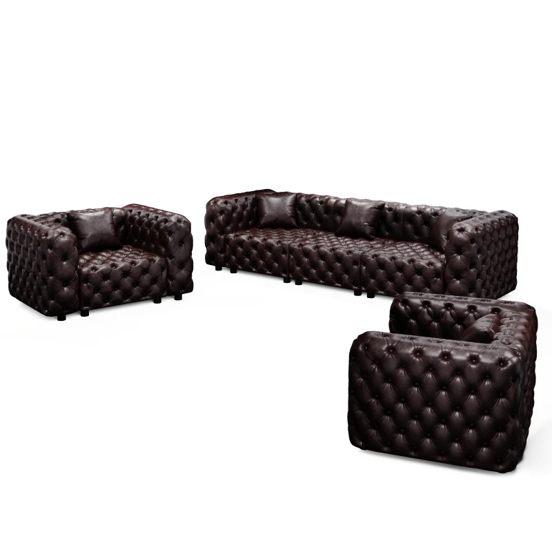 Trendy Faux Leather Sectional Sofa with Button Tufting, Durable Modular 5-Seater Couch for Living Room, 105.5'' L x 36.5"W x 29" H, Dark Brown
