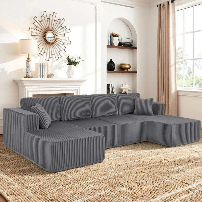 Cozy U-Shaped Modular Sectional with Foam and Springs, Chic Corduroy Sleeper Couch with No Assembly, 161'' L x 80.5" W x 24.5" H, Dark Gray