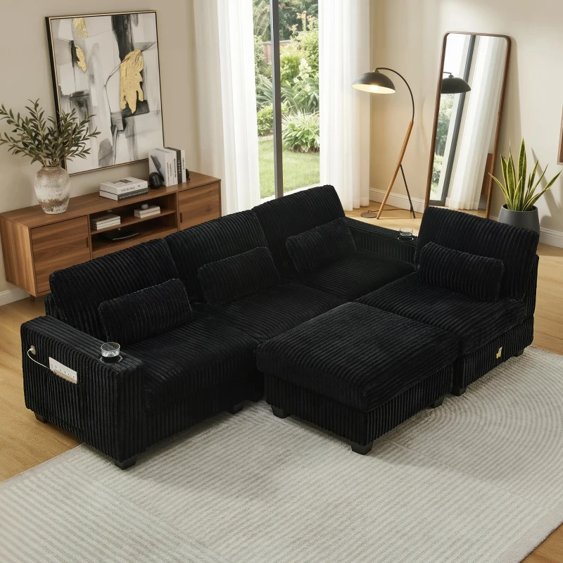 Versatile Corduroy Modular Sectional Sofa with Detachable Footrest, Modern L-Shaped Couch for Living Room, 124.5'' L x 31.5"W x 30" H, Black