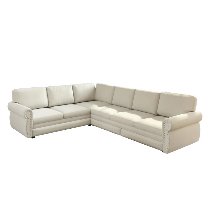 Spacious L-Shaped Sectional Sofa with Pull-Out Bed, Elegant Sleeper Couch for Living Room and Office, 118'' L x 86.5" W x 36.5" H, Beige+White