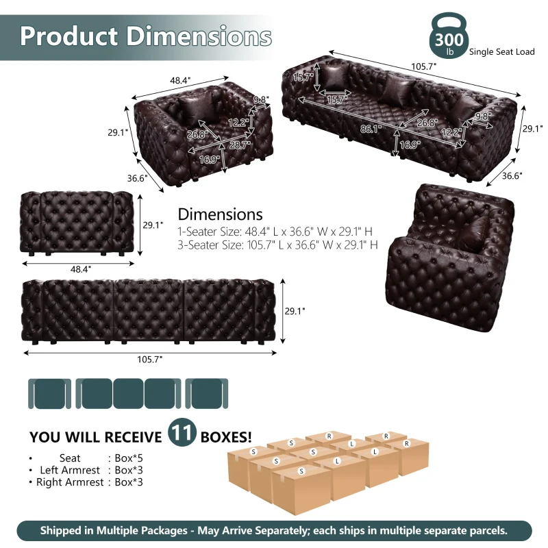 Trendy Faux Leather Sectional Sofa with Button Tufting, Durable Modular 5-Seater Couch for Living Room, 105.5'' L x 36.5"W x 29" H, Dark Brown