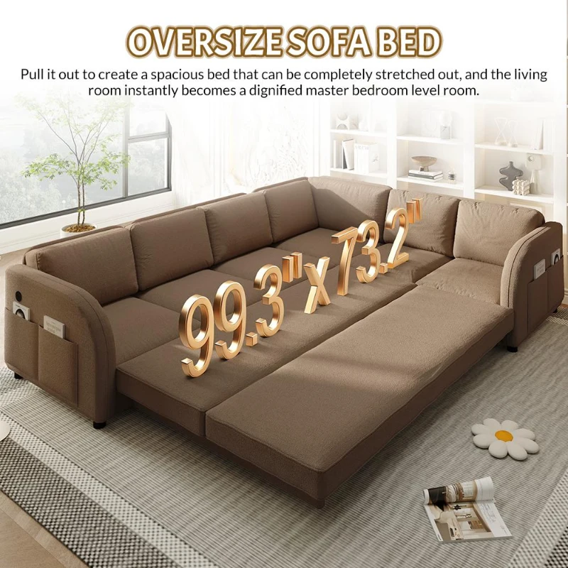 Modern L-Shaped Sectional with Pull-Out Bed, Chic Sleeper Couch with USB Port and Side Pocket, 115'' L x 83.5" W x 36.5" H, Brown
