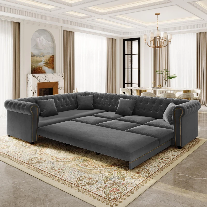 Elegant L-Shaped Sectional with Pull-Out Bed, Soft Velvet Sleeper Sofa with Tufting and Gold Trim, 115.5'' L x 87.5" W x 29" H, Dark Gray