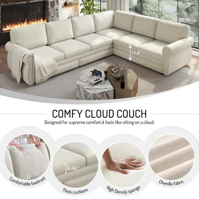 Spacious L-Shaped Sectional Sofa with Pull-Out Bed, Elegant Sleeper Couch for Living Room and Office, 118'' L x 86.5" W x 36.5" H, Beige+White