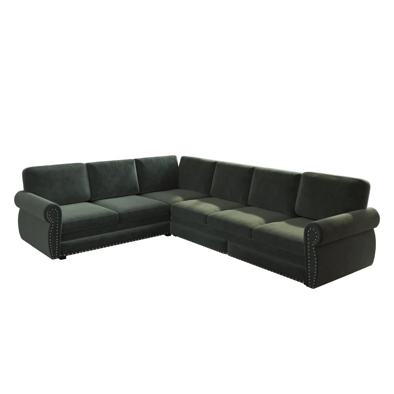 Chic L-Shaped Sectional with Pull-Out Bed and Nailhead Trim, Versatile Chenille Sleeper Sofa for Living Room, 118'' L x 86.5" W x 36.5" H, Green