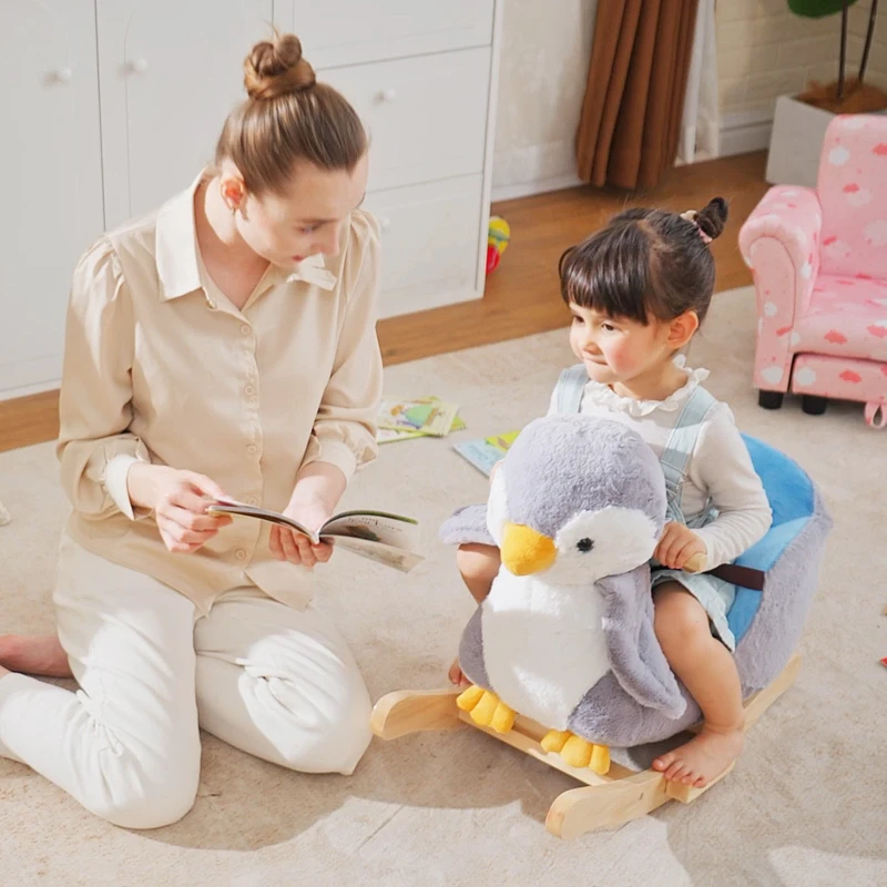 Qaba Baby Rocking Horse Gray Penguin, Kid Ride On Toy for 18 Months+, with Music, Seat Belt, for Boys and Girls Gift, Gray