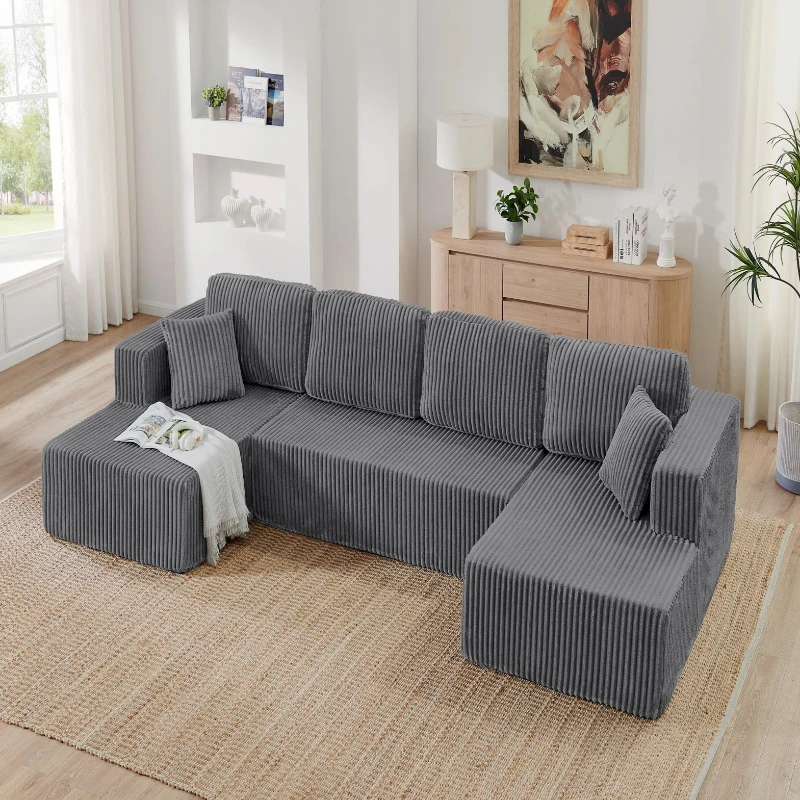 Cozy U-Shaped Sectional with Skin-Friendly Corduroy and Foam, Space-Saving Sleeper Sofa with No Assembly, 132.5'' L x 61" W x 25.5" H, Gray
