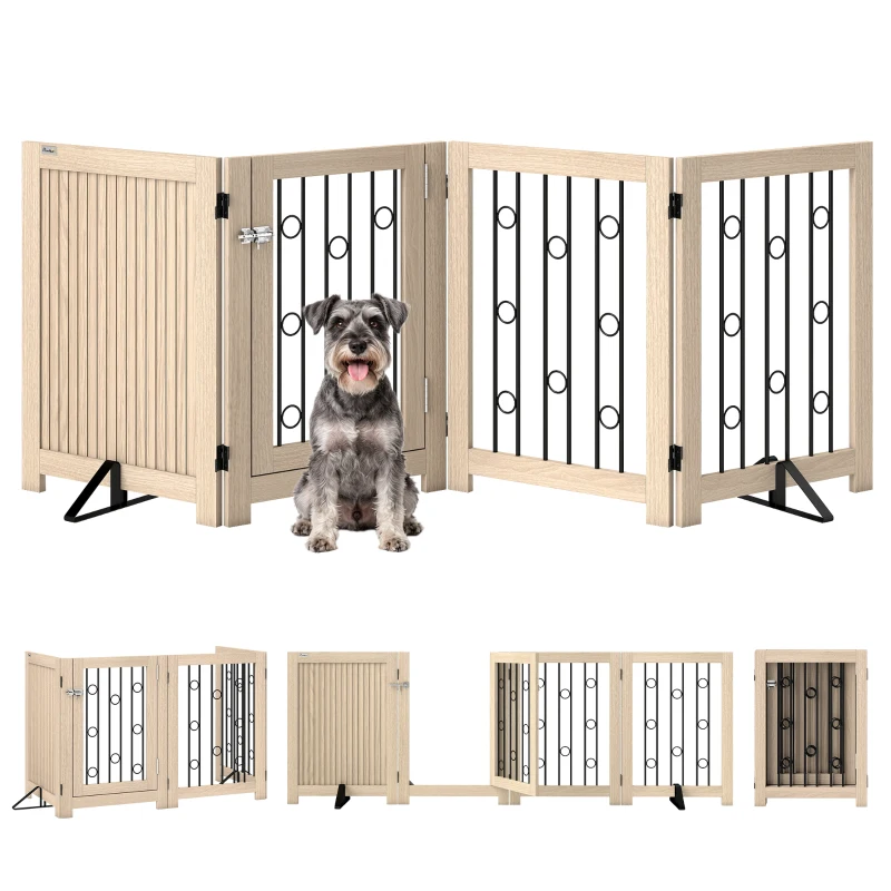 PawHut reestanding Dog Gate, Wooden Foldable Pet Gate with 4 Panels, Walk-Through Door, Support Feet, Non-Slip Mats