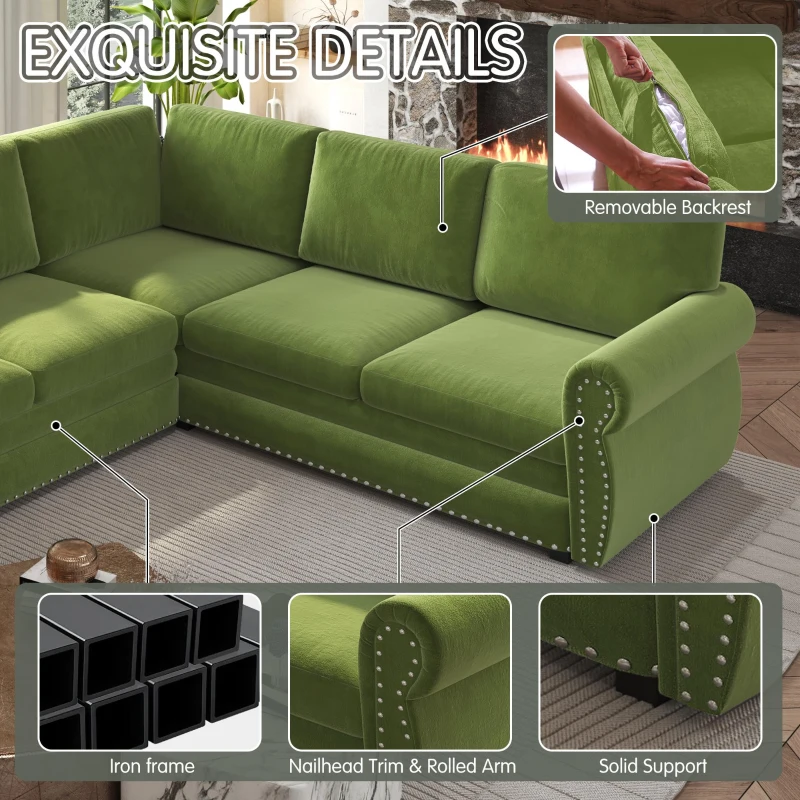 Vibrant L-Shaped Sectional Sofa with Pull-Out Bed, Comfy Convertible Sleeper Couch for Living Room, 118'' L x 86.5"W x 36.5" H, Grass Green