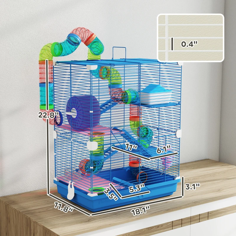 PawHut 5 Tiers Hamster Cage Portable Animal Travel Carrier w/ Exercise Wheels Tube, Blue
