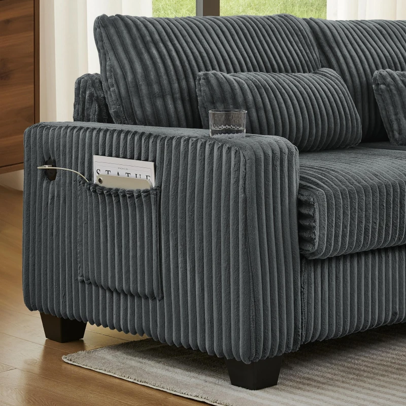 Smart Corduroy Modular Sectional Sofa with Detachable Footrest, Modern L-Shaped Couch for Living Room, 124.5'' L x 31.5"W x 30" H, Dark Gray