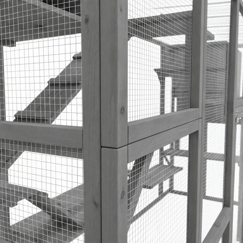 PawHut Large Outdoor Catio with Condos, Platforms, Doors, Ladders, Weather-Resistant Roof, Grey
