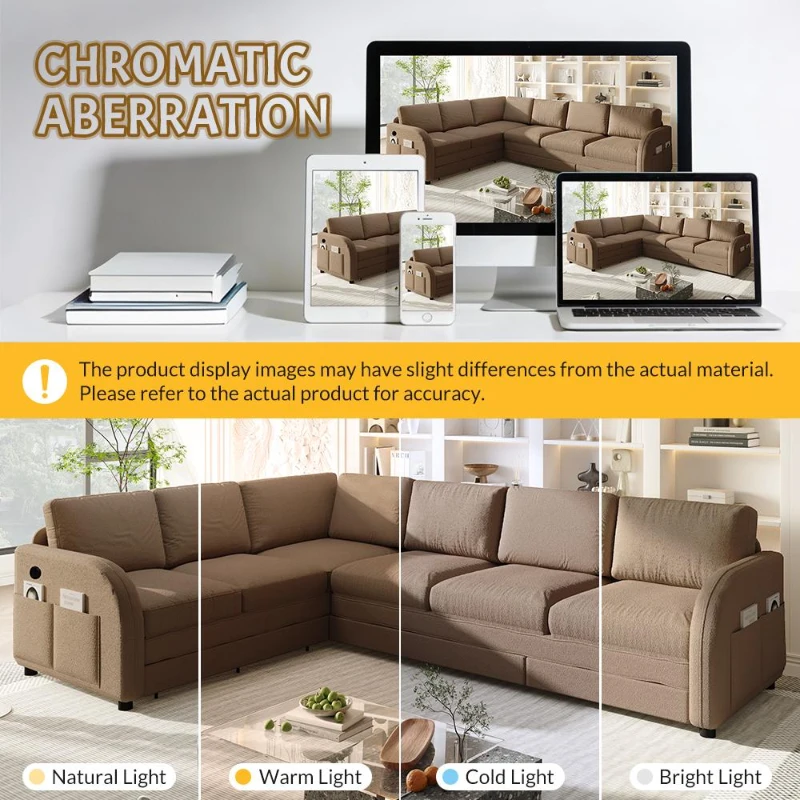 Modern L-Shaped Sectional with Pull-Out Bed, Chic Sleeper Couch with USB Port and Side Pocket, 115'' L x 83.5" W x 36.5" H, Brown