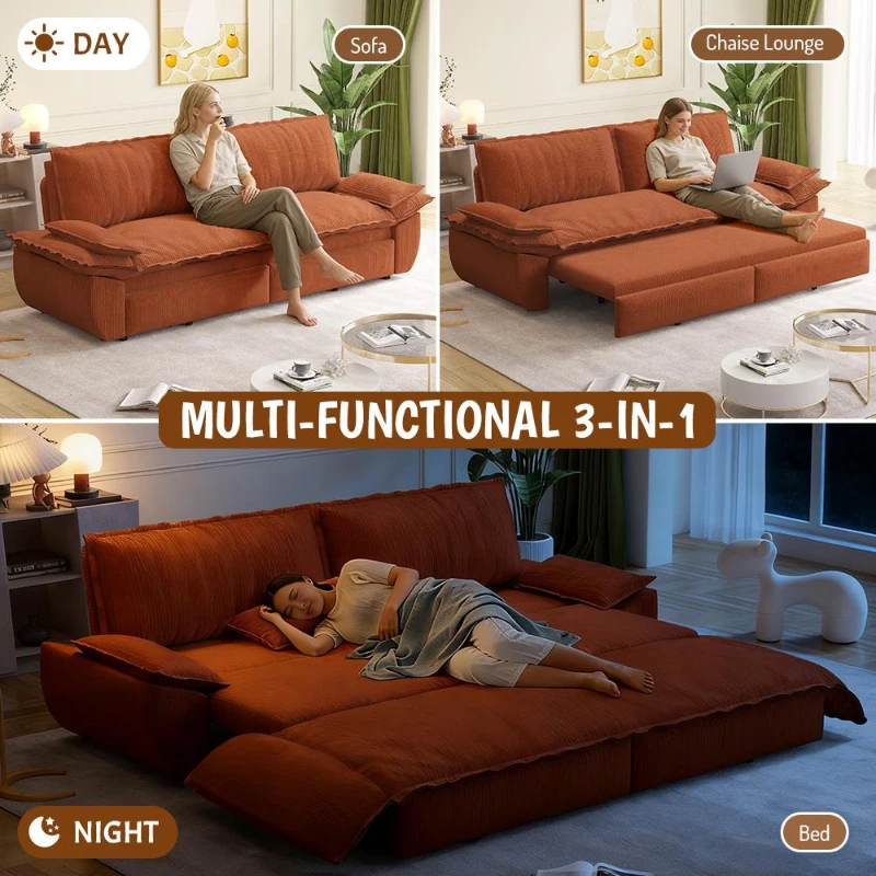 Modern 3-in-1 Sleeper Sofa with Soft Corduroy Upholstery, Versatile Loveseat Bed for Living Room and Bedroom, 73'' L x 33" W x 36" H, Orange