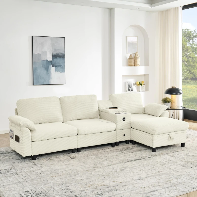 Modern Modular Sectional with All-in-One Storage, Chic L-Shaped Sofa with Cup Holder and Liftable Ottoman, 108.5'' L x 56.5" W x 32" H, Beige