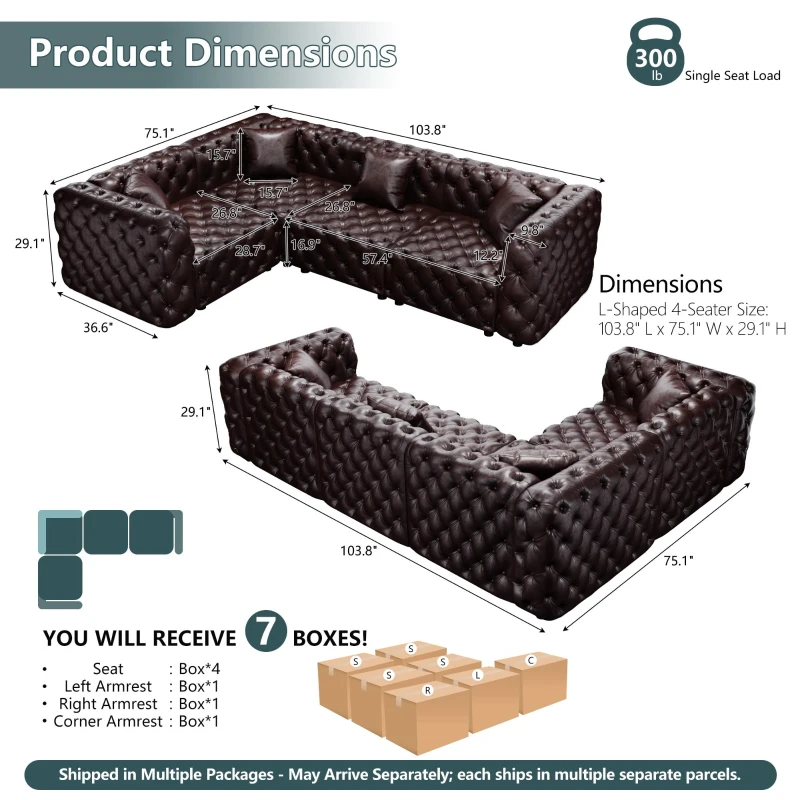 Grand Faux Leather L-Shaped Sofa with Button Tufting, Sophisticated Modular 4-Seater Couch for Living Room, 103.5'' L x 75"W x 29" H, Dark Brown