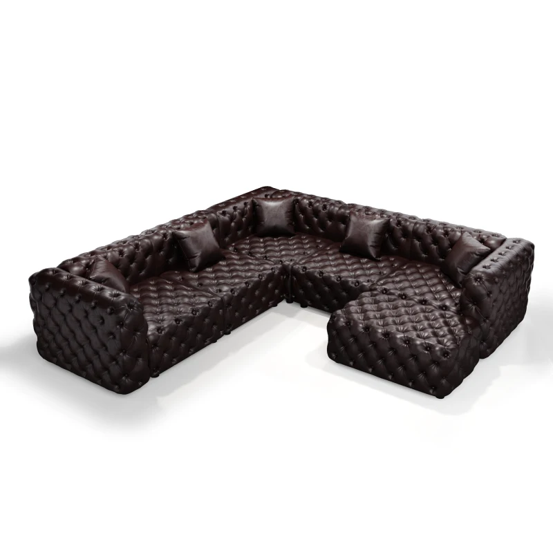 Distinctive Faux Leather L-Shaped Sofa with Button Tufting, Plush Modular 5-Seater Couch for Living Room, 132.5'' L x 75"W x 29" H, Dark Brown