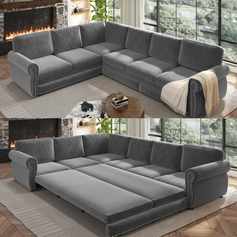 Elegant L-Shaped Sectional with Pull-Out Bed, Chic Chenille Sleeper Couch with Nailhead Trim, 118'' L x 86.5" W x 36.5" H, Light Grey