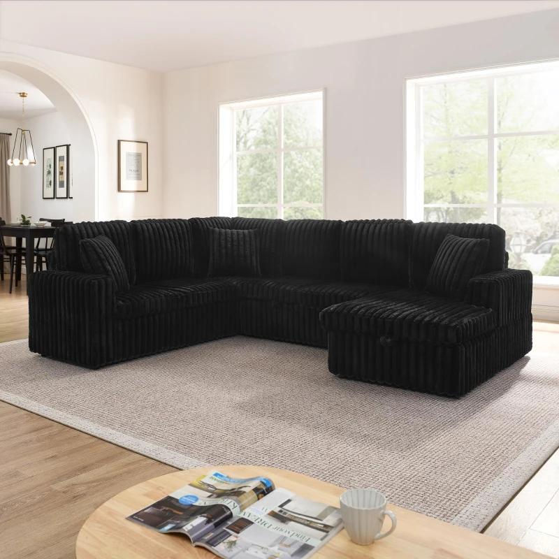 Modern U-Shaped Sectional with Pull-Out Bed and Storage Chaise, Corduroy Sofa with Adjustable Backrests, 114'' L x 90" W x 37" H, Black