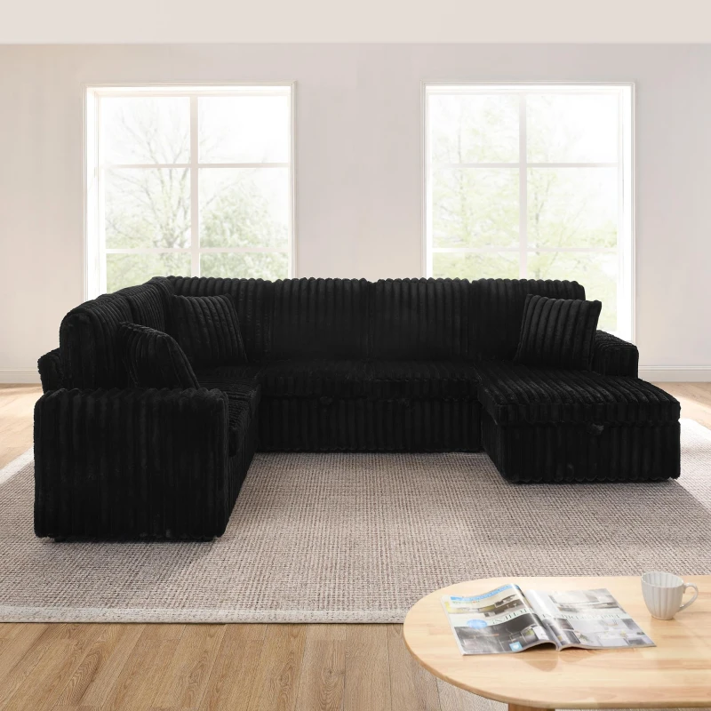 Modern U-Shaped Sectional with Pull-Out Bed and Storage Chaise, Corduroy Sofa with Adjustable Backrests, 114'' L x 90" W x 37" H, Black