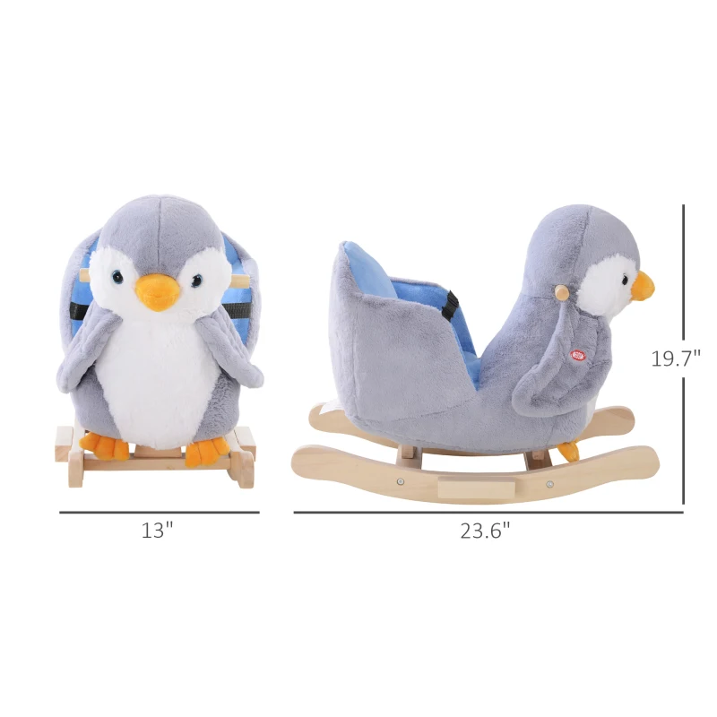 Qaba Baby Rocking Horse Gray Penguin, Kid Ride On Toy for 18 Months+, with Music, Seat Belt, for Boys and Girls Gift, Gray