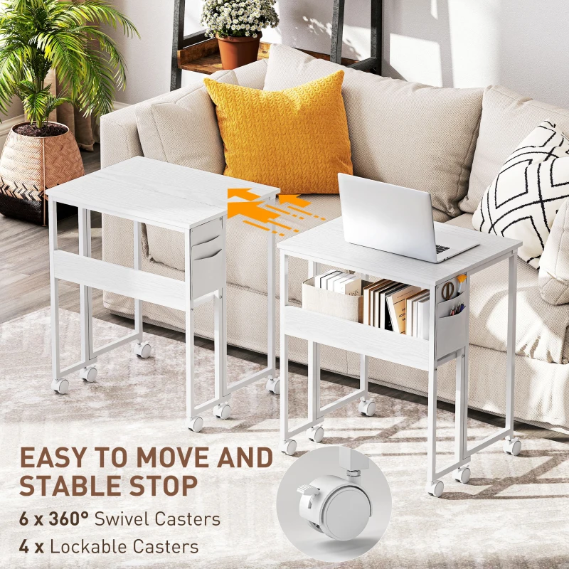 HOMCOM Folding Computer Desk, Foldable Desk with Storage Bag, Shelf and Wheels for Small Spaces, Home Office, White