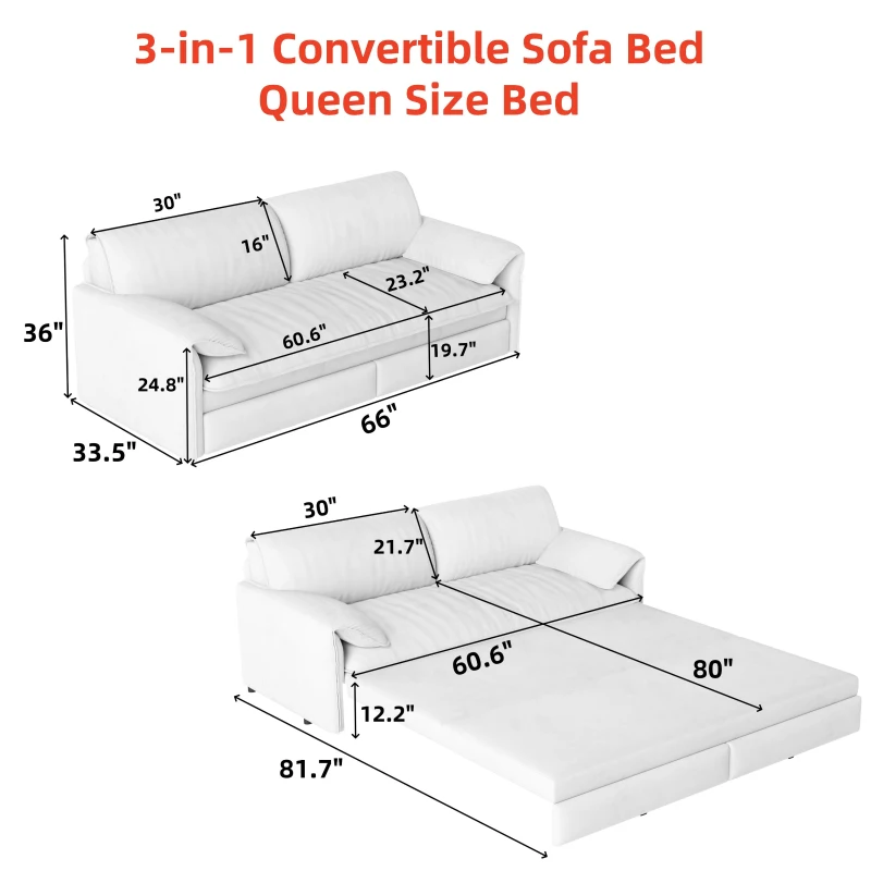Modern 3-in-1 Convertible Sofa with Side Storage and Metal Legs, Chic Velvet Loveseat Bed with Rolling Wheels, 66'' L x 33.5" W x 36" H, Pink