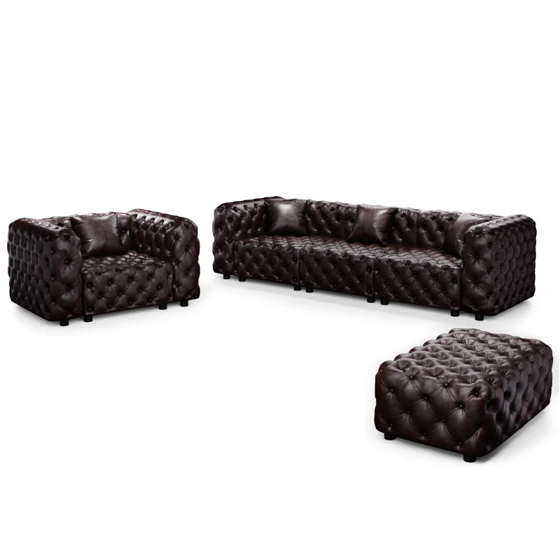Luxurious Faux Leather Sectional Sofa with Button Tufting, Modular 4-Seater Couch for Living Room, 105.5'' L x 36.5"W x 29" H, Dark Brown