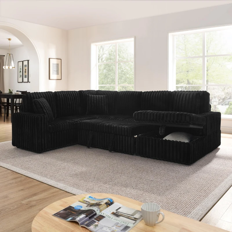 Modern U-Shaped Sectional with Pull-Out Bed and Storage Chaise, Corduroy Sofa with Adjustable Backrests, 114'' L x 90" W x 37" H, Black