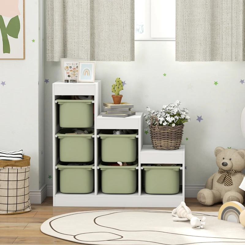 Qaba 3 Layers Kids Toy Storage Organizer with 6 Storage Bins, Kids Bookshelf for Ages 3-8 Years, Play Room, Bedroom, Green