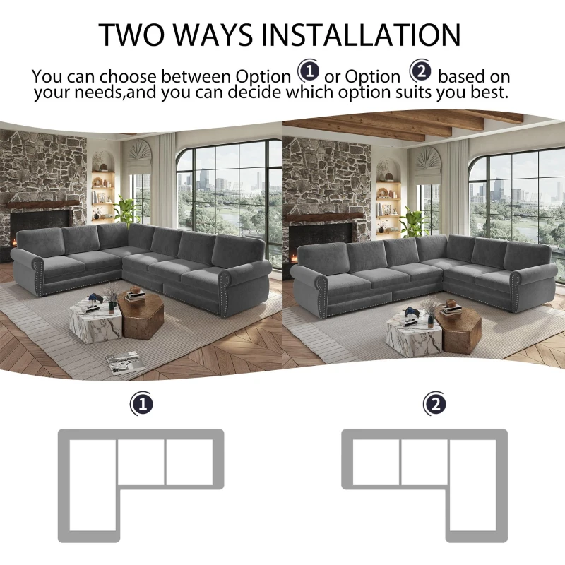 Elegant L-Shaped Sectional with Pull-Out Bed, Chic Chenille Sleeper Couch with Nailhead Trim, 118'' L x 86.5" W x 36.5" H, Light Grey