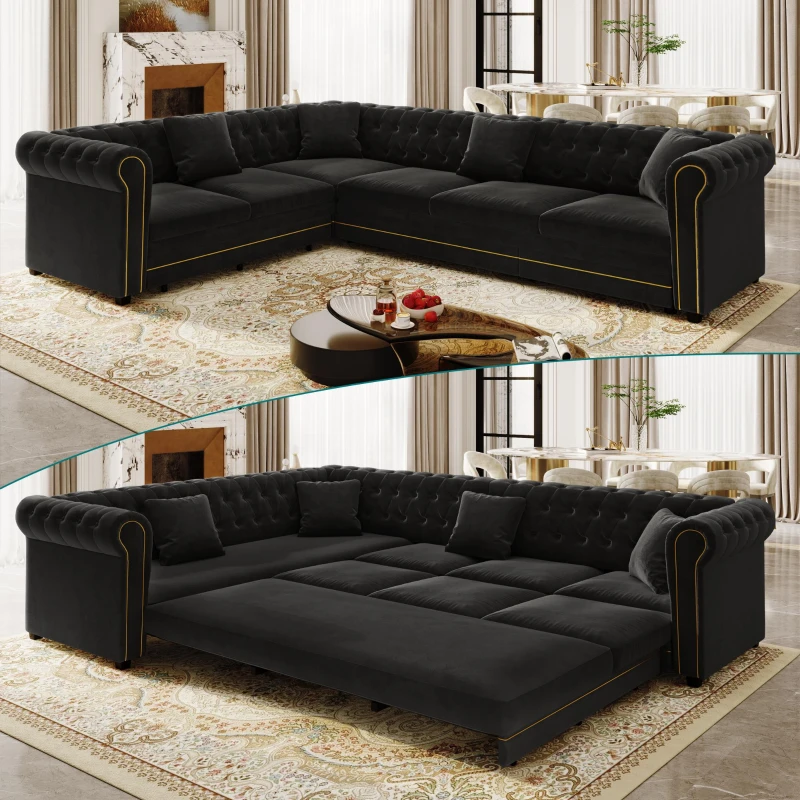 Elegant L-Shaped Sectional with Pull-Out Bed, Soft Velvet Sleeper Sofa with Tufting and Gold Trim, 115.5'' L x 87.5" W x 29" H, Black