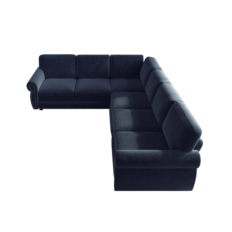Chenille L-Shaped Sectional Sofa with Pull-Out Bed and Nailhead Trim, Convertible Sleeper Couch with Rolled Arms, 118'' L x 86.5" W x 36" H, Blue