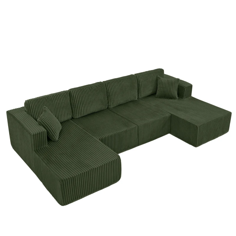 U-Shaped Modular Sectional with Plush Foam and Springs, Cozy Corduroy Sleeper Couch with No Assembly, 161'' L x 80.5" W x 24.5" H, Green