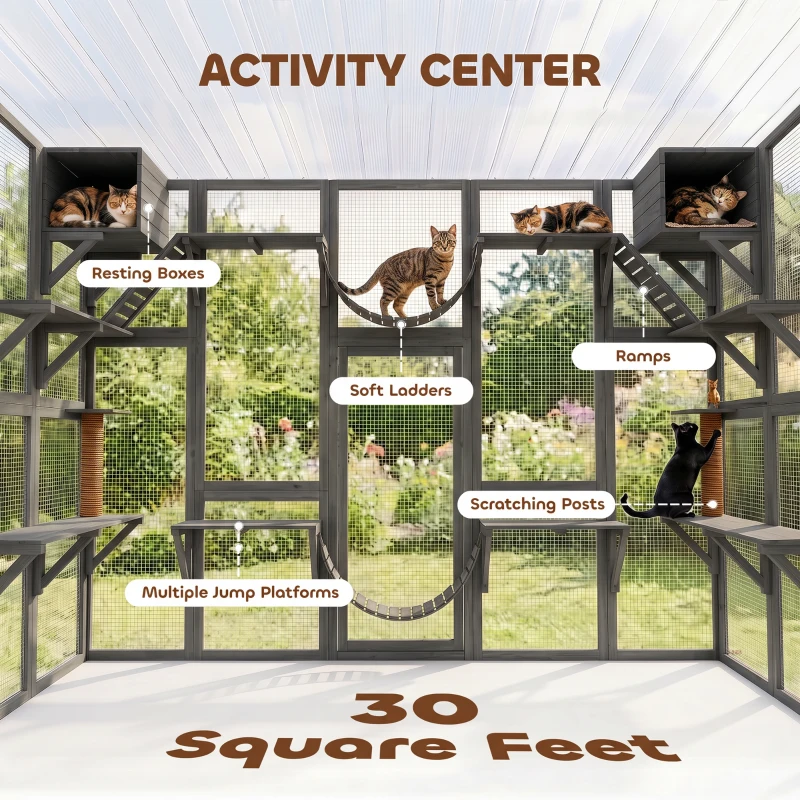 PawHut Catio Playground Cat Window Box Outside Enclosure for Multiple Cats w/ Shelves & Bridges, Gray