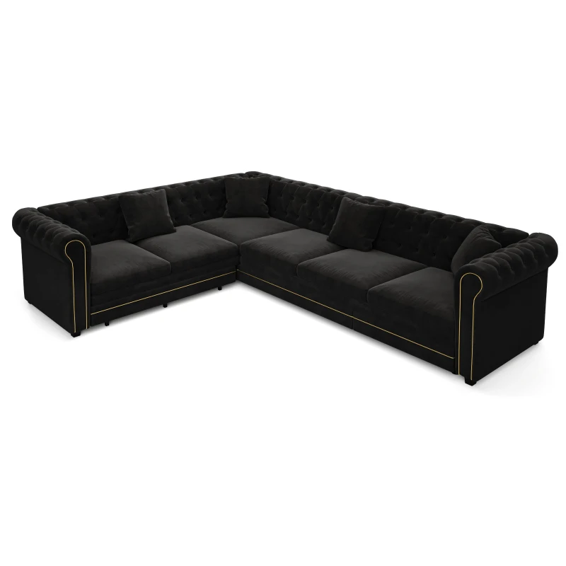 Elegant L-Shaped Sectional with Pull-Out Bed, Soft Velvet Sleeper Sofa with Tufting and Gold Trim, 115.5'' L x 87.5" W x 29" H, Black