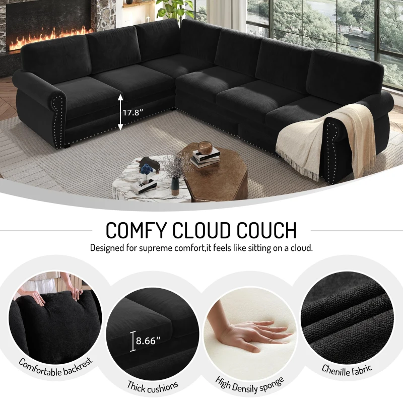 Modern L-Shaped Sectional with Pull-Out Bed, Chic Sleeper Couch with Nailhead Trim and Rolled Arms, 118'' L x 86.5" W x 36.5" H, Black