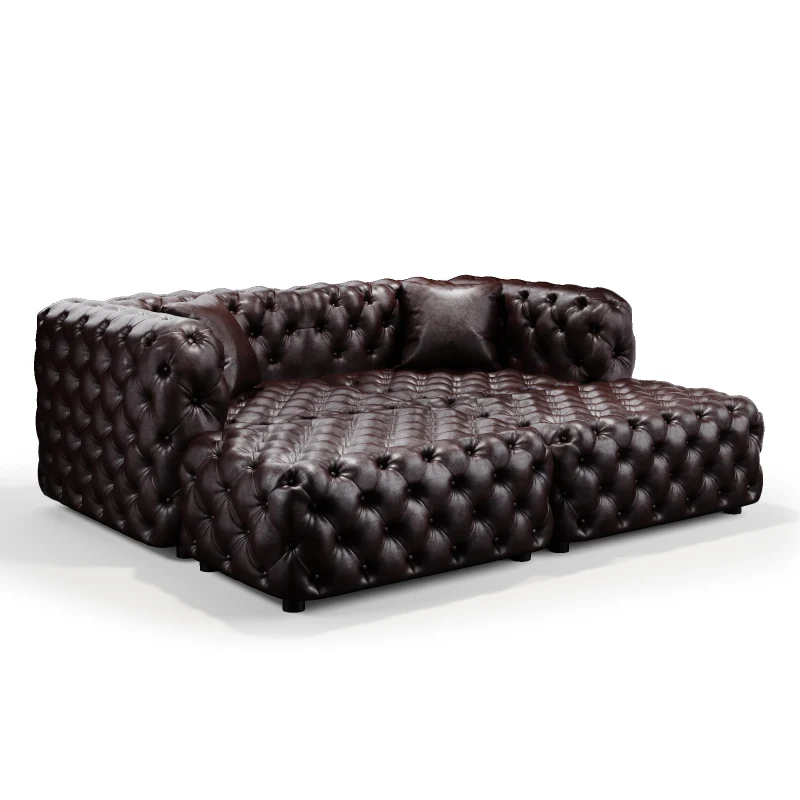 Modern Faux Leather Modular Sofa with Button Tufting and 2 Ottomans, Elegant Sectional Couch for Living Room, 77'' L x 36.5" W x 29" H, Dark Brown